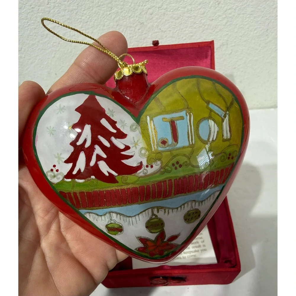 Pier 1 Li Bien Heart Christmas Ornament 2008 Hand Painted Glass Boxed Noel Joy